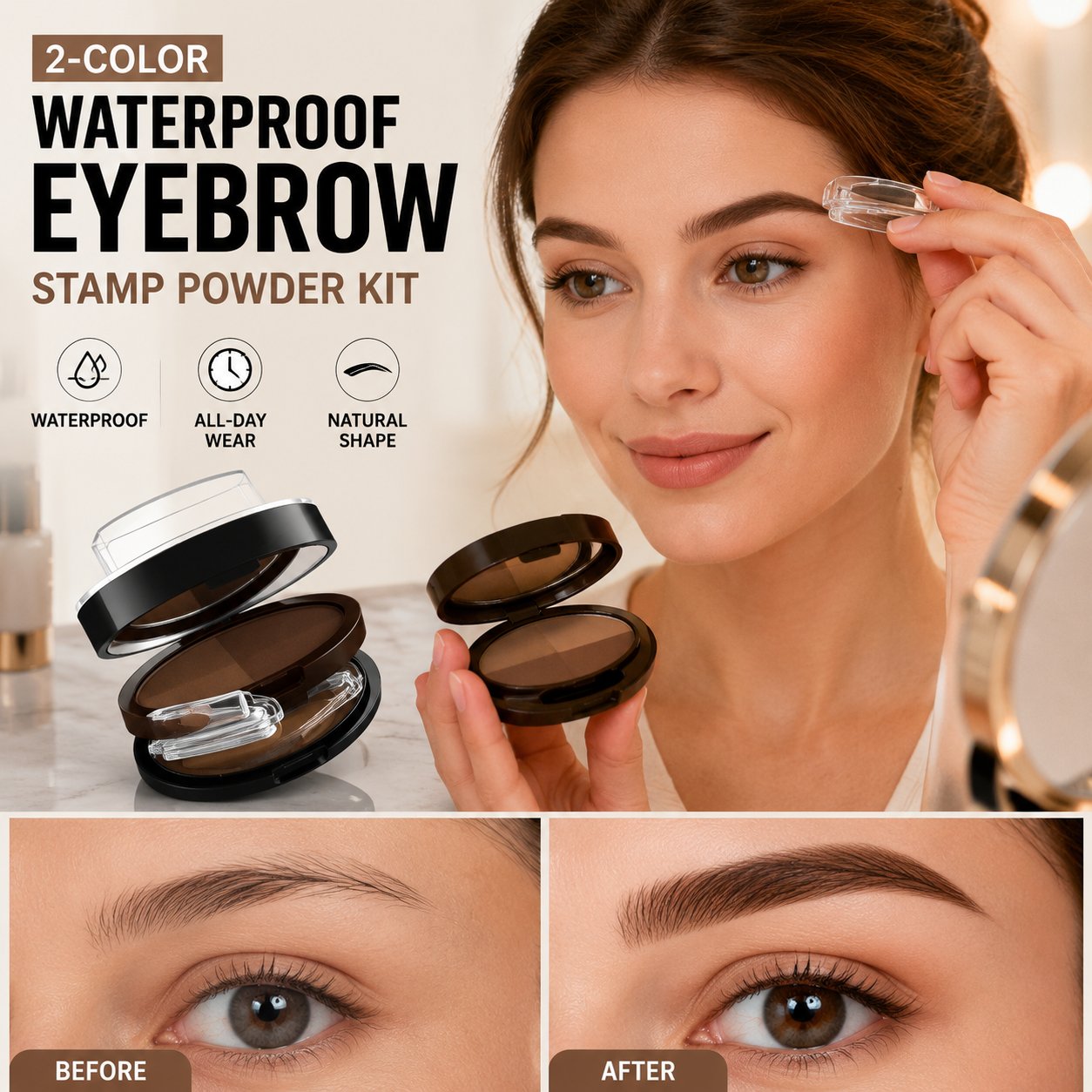 💄50% OFF NOW ! 🖌️2-Color Waterproof Eyebrow Stamp Powder Kit, Smudge-Proof Quick Natural Full Brow Makeup with Dual-End Brush