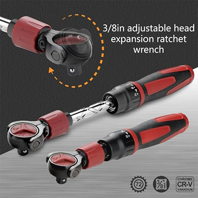 3/8 Drive Ratchet Wrench - 72T Steel Socket Wrench with Flexible Head & Reversible Switch