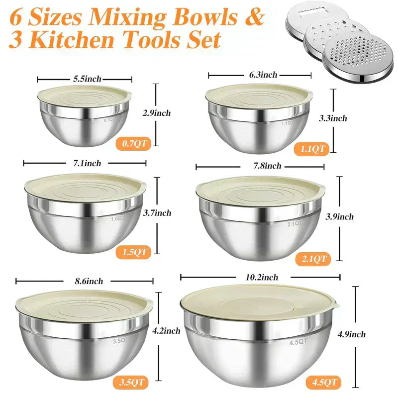📢📢40% OFF !! ⏰ 6 Stainless Steel Bowls with 3 Graters – Stackable Design 🍽️
