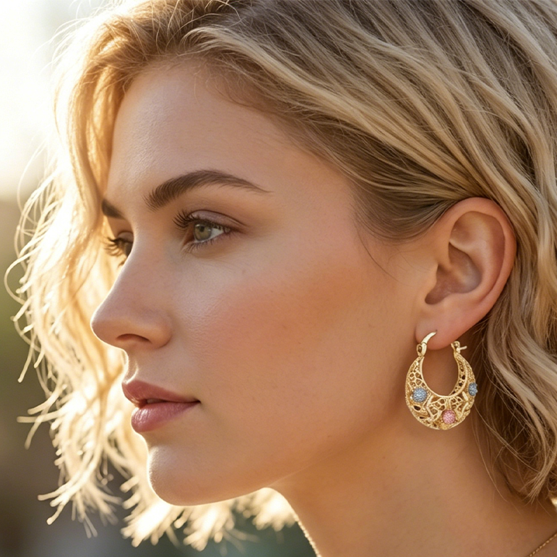 📢📢50% OFF !! ⏰Gold-Plated Crescent Hoop Earrings with Enamel Flowers