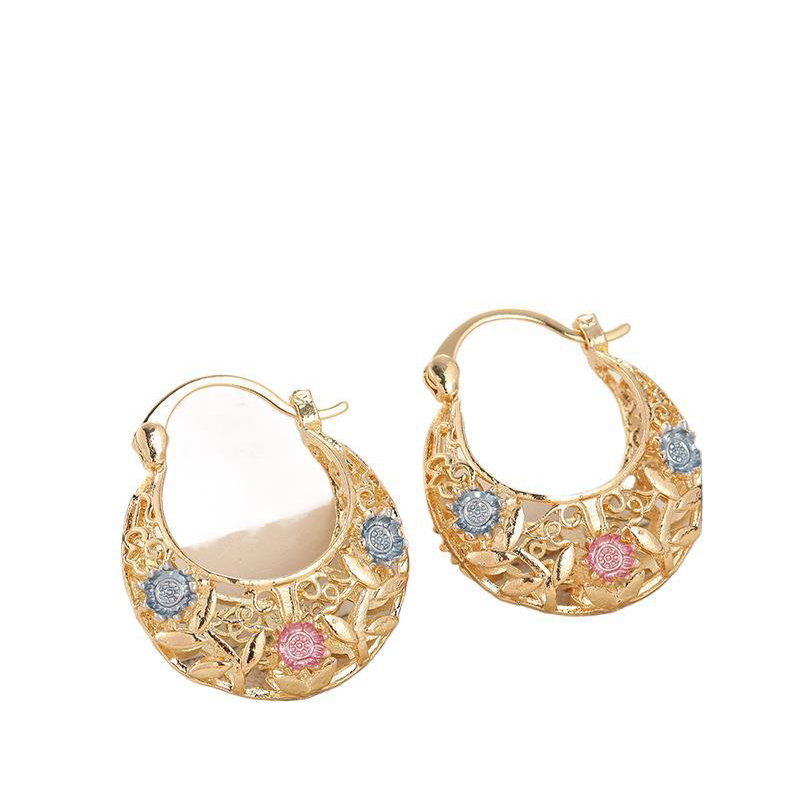 📢📢50% OFF !! ⏰Gold-Plated Crescent Hoop Earrings with Enamel Flowers