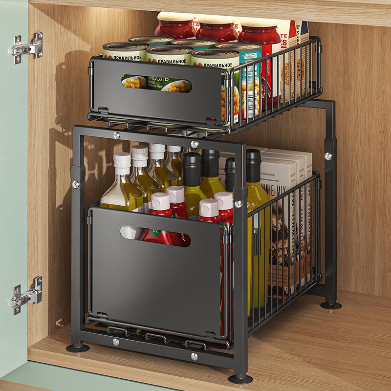 📢📢40% OFF !! ⏰Double-Tier Pull-Out Shelf Cabinet Organiser – 5 Height Adjustments, 2 Pull-Out Tiers, Carbon Steel & Large Capacity – No Assembly Required ✨