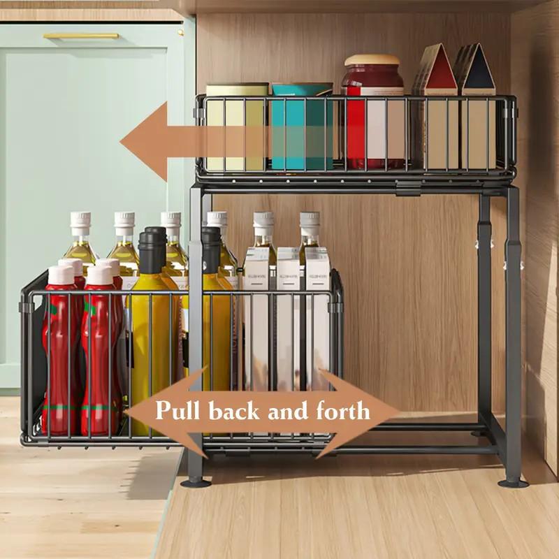📢📢40% OFF !! ⏰Double-Tier Pull-Out Shelf Cabinet Organiser – 5 Height Adjustments, 2 Pull-Out Tiers, Carbon Steel & Large Capacity – No Assembly Required ✨