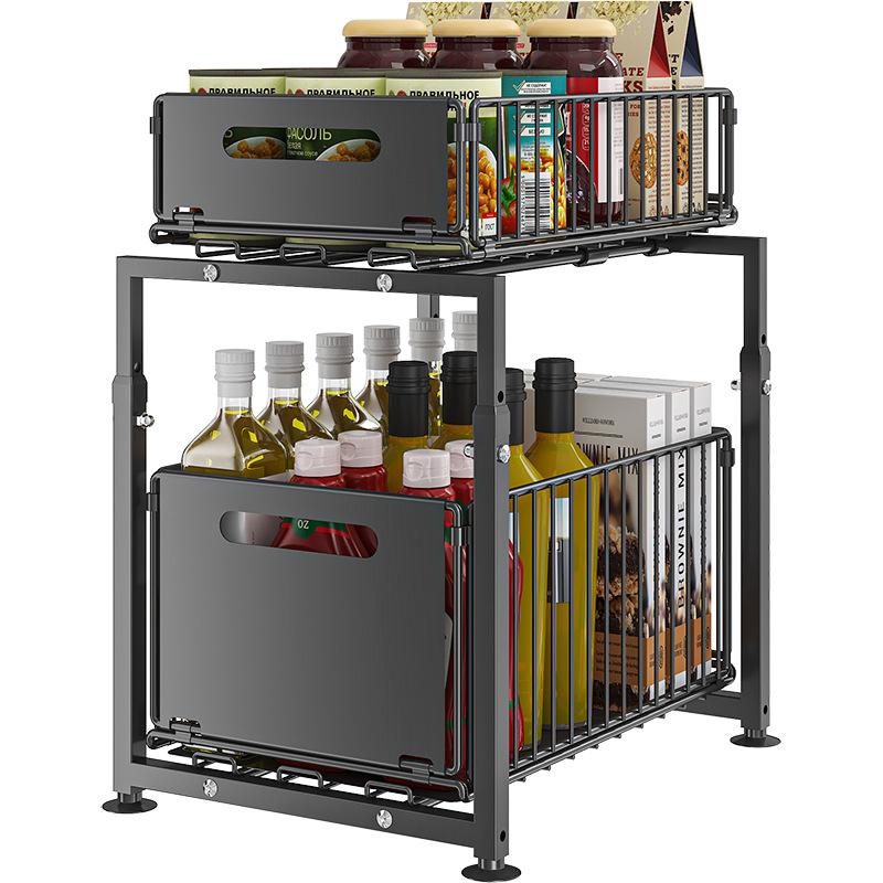 📢📢40% OFF !! ⏰Double-Tier Pull-Out Shelf Cabinet Organiser – 5 Height Adjustments, 2 Pull-Out Tiers, Carbon Steel & Large Capacity – No Assembly Required ✨