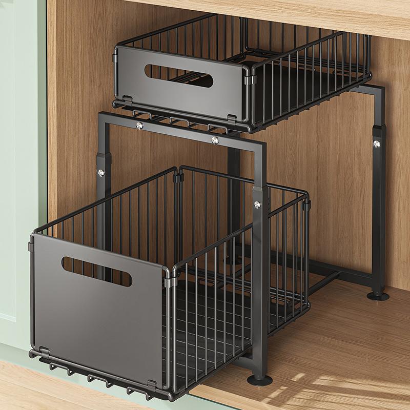 📢📢40% OFF !! ⏰Double-Tier Pull-Out Shelf Cabinet Organiser – 5 Height Adjustments, 2 Pull-Out Tiers, Carbon Steel & Large Capacity – No Assembly Required ✨