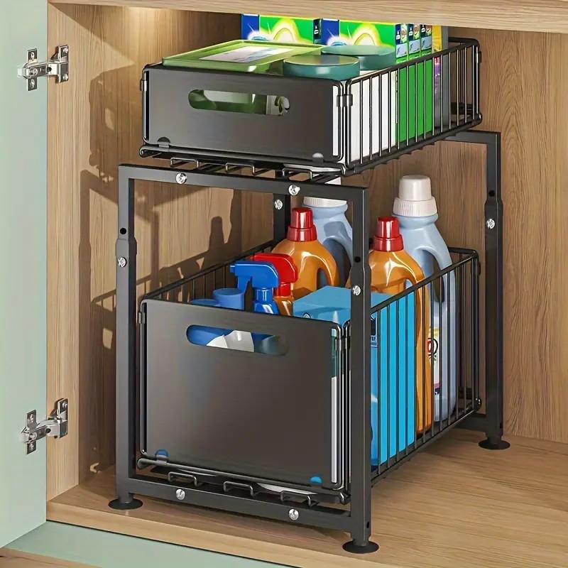 📢📢40% OFF !! ⏰Double-Tier Pull-Out Shelf Cabinet Organiser – 5 Height Adjustments, 2 Pull-Out Tiers, Carbon Steel & Large Capacity – No Assembly Required ✨
