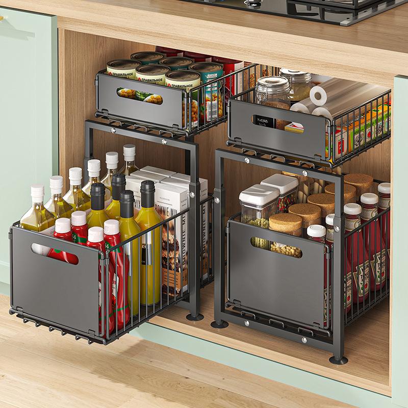 📢📢40% OFF !! ⏰Double-Tier Pull-Out Shelf Cabinet Organiser – 5 Height Adjustments, 2 Pull-Out Tiers, Carbon Steel & Large Capacity – No Assembly Required ✨
