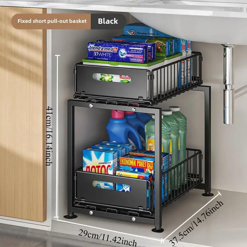 📢📢40% OFF !! ⏰Double-Tier Pull-Out Shelf Cabinet Organiser – 5 Height Adjustments, 2 Pull-Out Tiers, Carbon Steel & Large Capacity – No Assembly Required ✨