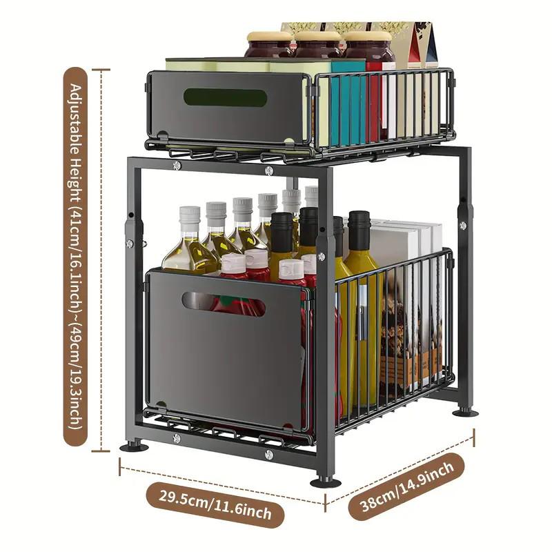 📢📢40% OFF !! ⏰Double-Tier Pull-Out Shelf Cabinet Organiser – 5 Height Adjustments, 2 Pull-Out Tiers, Carbon Steel & Large Capacity – No Assembly Required ✨