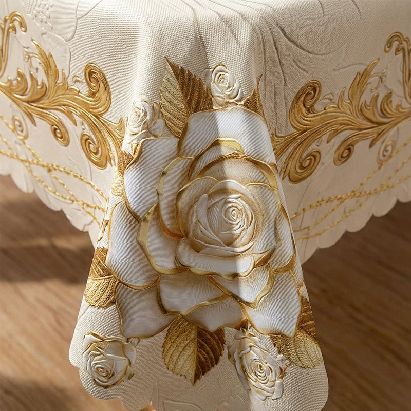 📢📢50% RABATT !!⏰ Waterproof Gold Rose Tablecloth – Embossed Effect, Stain-Resistant & Elegant for Dining ✨