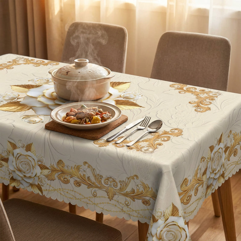 📢📢50% RABATT !!⏰ Waterproof Gold Rose Tablecloth – Embossed Effect, Stain-Resistant & Elegant for Dining ✨