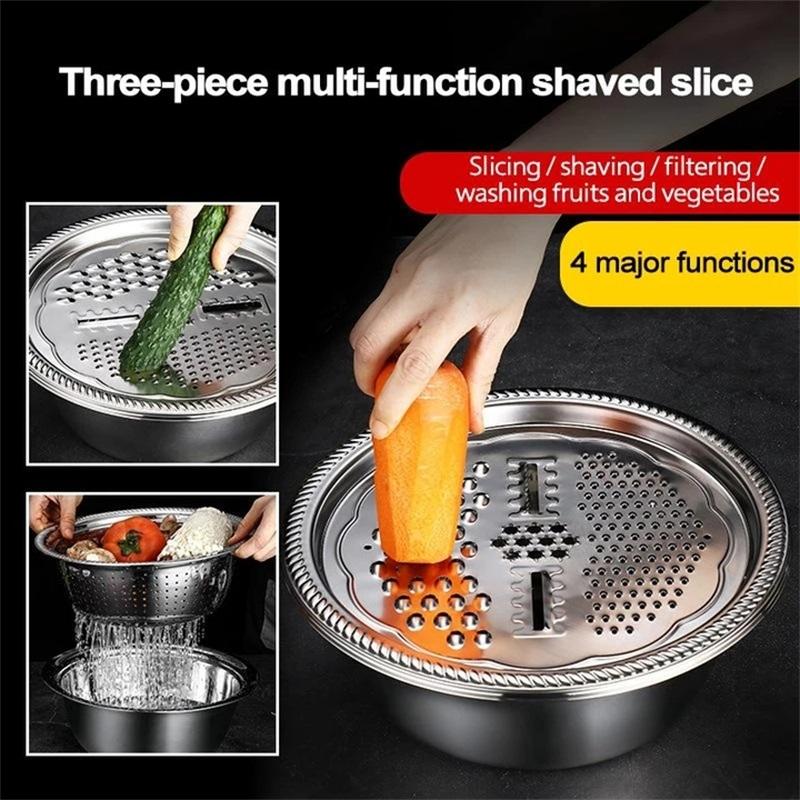 📢📢40% OFF !! ⏰🥬 Slice, Grate & Julienne in Minutes! Multi-Function Stainless Steel Vegetable Prep Bowl for Easy Cooking