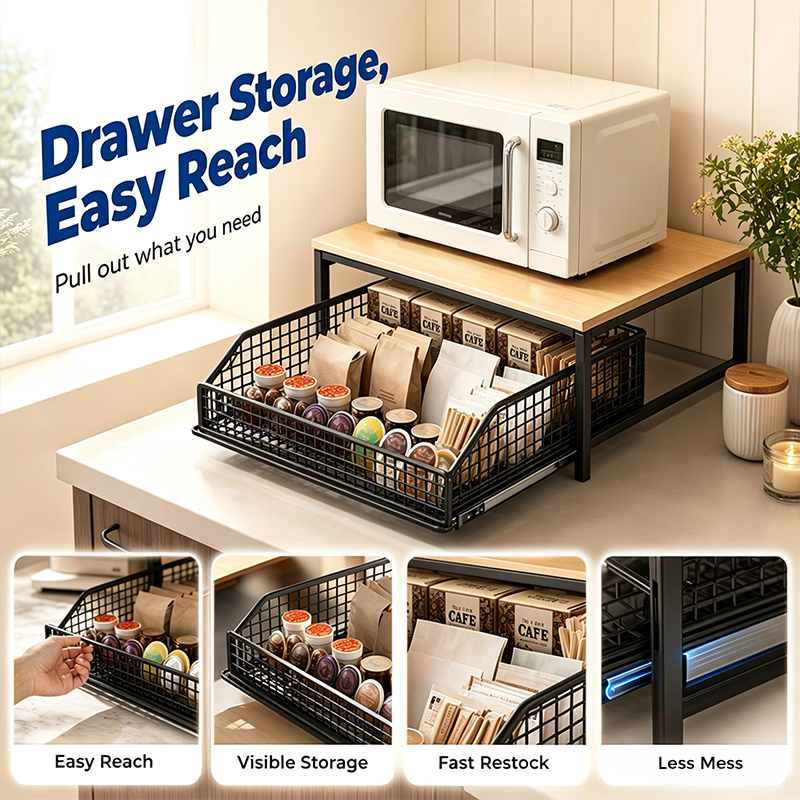 📢📢40% OFF !! ⏰2-Tier Kitchen Microwave Stand with Slide-Out Storage Drawer