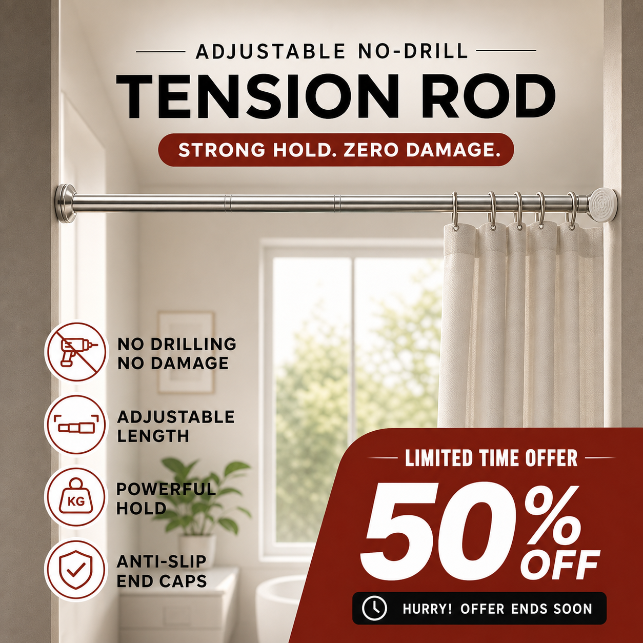 📢📢50% OFF !! ⏰Create storage space anywhere anytime！Adjustable No-Drill Tension Rod